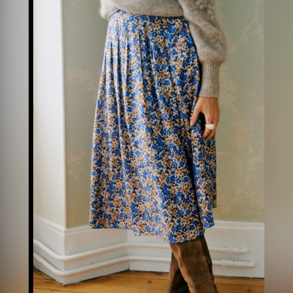 Sezane Floral Midi Skirt in Blue and Brown
